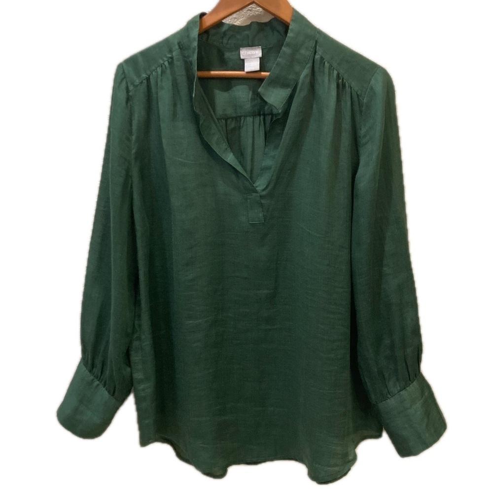 Chico's Emerald Green V-Neck Long-Sleeve Blouse
